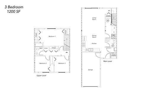 Floor plan for 3 beds, 1.5 baths, 1200 sqft